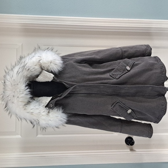 K. Jordan Anorak Denim Sherpa Lined Faux Fur Trim Hooded Full Zip Jacket Coat - Picture 1 of 14